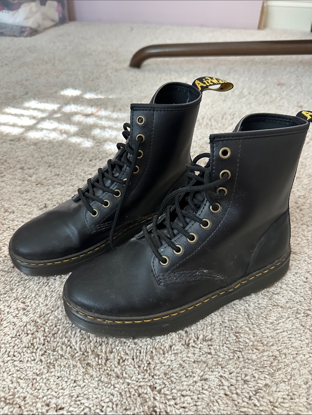 Dr. Martens Black Leather 8-Eye Lace-Up Combat Boots with Yellow Stitching